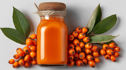 Glass jar filled with vibrant orange juice surrounded by fresh sea buckthorn berries and green leaves, showcasing natural ingredients and healthy lifestyle concept