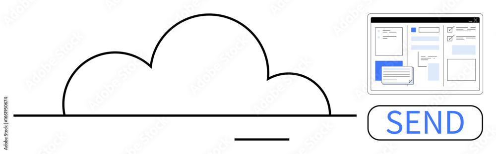Poster cloud element connected to a user interface with send action button. ideal for cloud computing, data