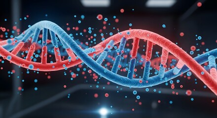3D rendering of a DNA double helix with glowing particles, set against a dark, modern background.