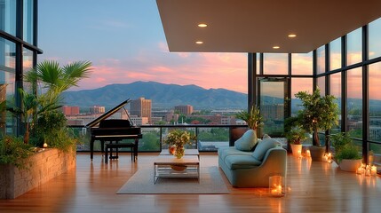 Fototapeta premium Sophisticated penthouse living area featuring floor-to-ceiling glass walls, a grand piano, designer furniture, and a breathtaking mountain view, soft diffused lighting