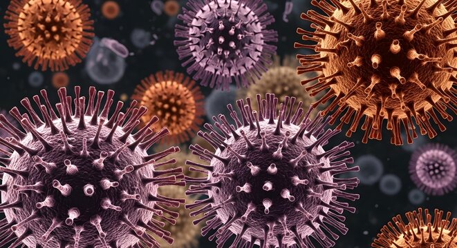 Microscopic view of viruses with spiky surface proteins, some in shades of purple and others in shades of orange, against a dark background.