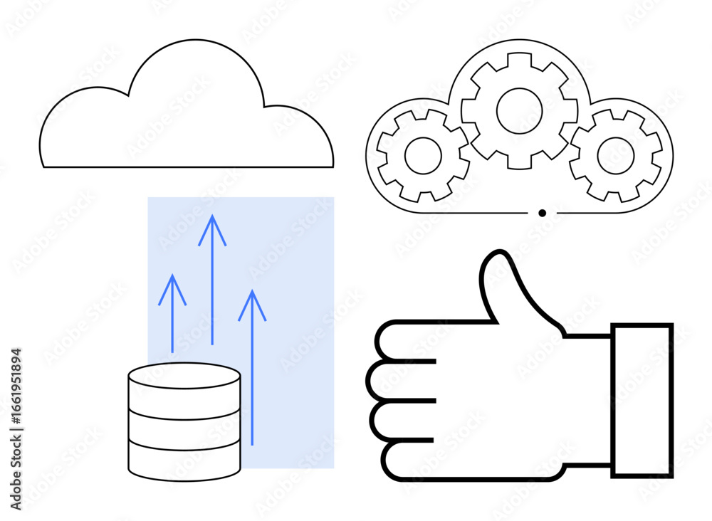 Poster database with upward arrows indicating cloud upload alongside gear cloud symbolizing system automati
