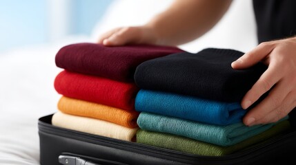 A neatly organized stack of colorful folded clothes placed in a suitcase. This image captures the essence of travel preparation and modern packing. Ideal for lifestyle and travel themes. AI