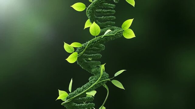DNA Strand with Green Leafs Animation Sequence showcases the beauty and complexity of nature's genetic code with vibrant green foliage intertwining the helix structure and lush backdrop