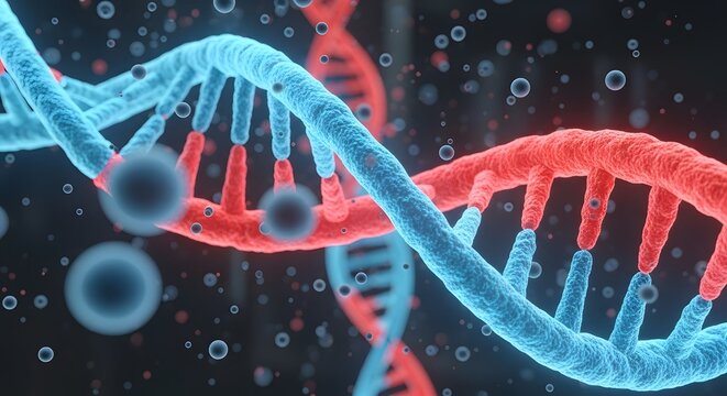 A vibrant, detailed 3D rendering of a DNA double helix structure with surrounding particles.