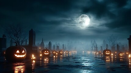 Naklejka premium Halloween pumpkins lighting up a spooky graveyard at night
