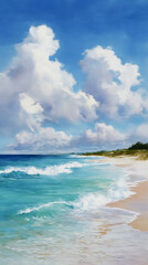 Fototapeta premium Breathtaking Tropical Beach Scene with Turquoise Ocean Waves and Dramatic White Clouds in a Blue Sky