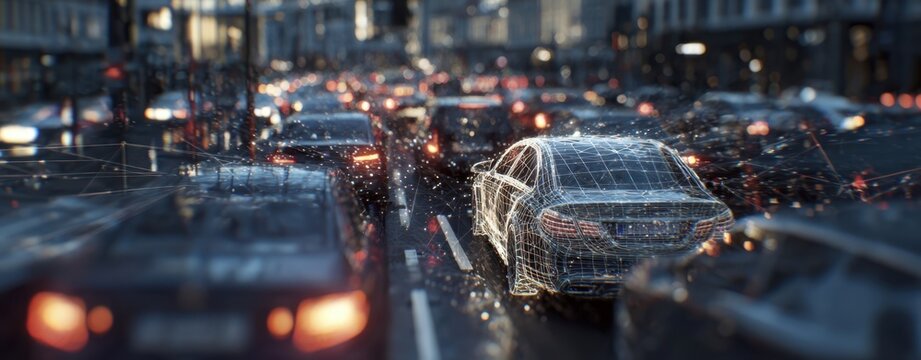 The futuristic car in a busy city traffic scene with digital visualization elements.