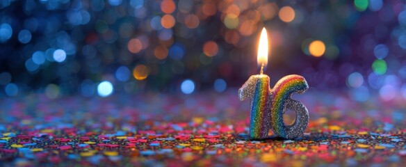 The colorful candle marking a sweet 16 birthday celebration scene.
