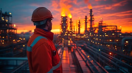 Oil refinery worker at sunset