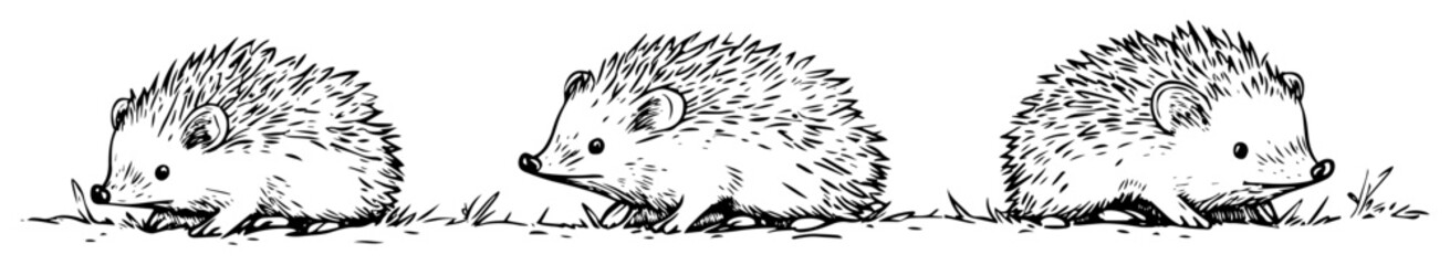 trio of hedgehogs walking hand drawn vector sketch illustration