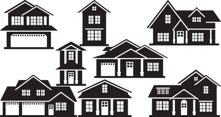 Set of different house silhouettes and icons for real estate, home, and residential designs.