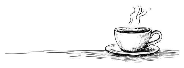 steaming cup of coffee on saucer, hand drawn vintage engraving style illustration, black and white sketch for engraving or laser cutting