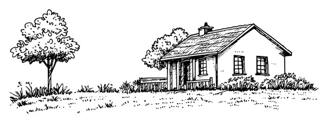 old countryside house with trees, hand drawn vintage engraving style illustration, black and white sketch for engraving or laser cutting © Kaz