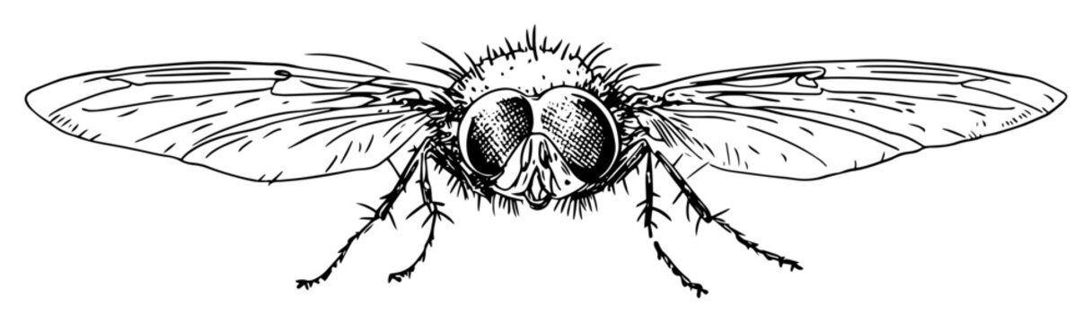 detailed housefly insect front view hand drawn vintage sketch