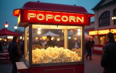 Nostalgic popcorn stand bursts with vibrant colors, lights in busy evening outdoor setting. Piles of fluffy popcorn await enjoyment at vintage cinema concession stall, creating festive atmosphere.