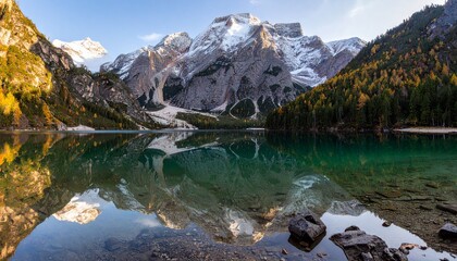 Professional landscape photograph of a serene alpine lake reflecting snow-capped mountains. The composition should be symmetrical, with the reflection centered and perfectly aligned. Use golden hour l