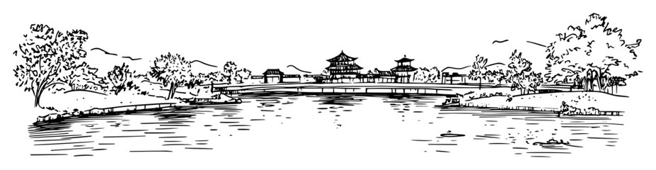 Fototapeta premium serene pagoda lake panorama black and white vector illustration