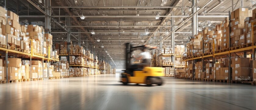 The forklift maneuvering through a busy warehouse filled with stacked packages.