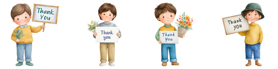 Kids thanksgiving clipart set watercolor, Four children holding "Thank You" signs and flowers, expressing gratitude in a cheerful and colorful manner.