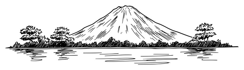 mount fuji landscape with lake reflection hand drawn vector sketch illustration
