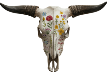 Floral decorated bull skull art rustic studio creative space nature and culture fusion isolated PNG