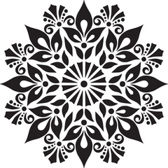 Vector black silhouette mandala with floral and star motifs.