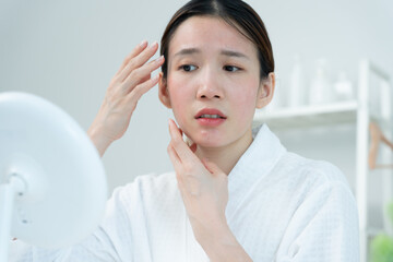 Woman worried about face Dermatology, rosacea dermatitis, allergic steroids, sensitive skin, red...