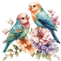 Naklejka premium Two colorful parrots perched on a branch with flowers, isolated on transparent background