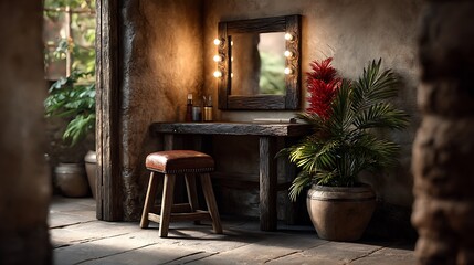 Obraz premium A realistic high-definition photo of a glam vanity area with mirror and makeup lights.