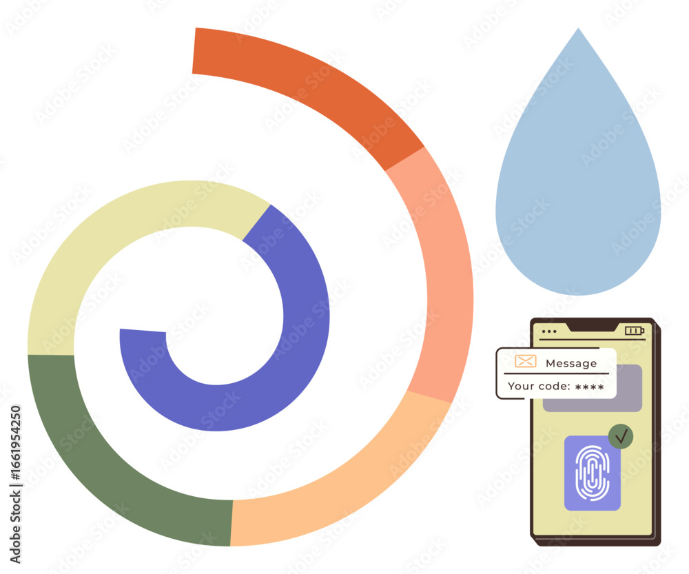 Poster spiraling progress bars, water droplet, phone with fingerprint scan and code message. ideal for tech