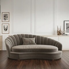 An interior design of a Scandinavian home featuring curved loveseat sofas against a white wall with frames. Living room design of a modern Scandinavian home....