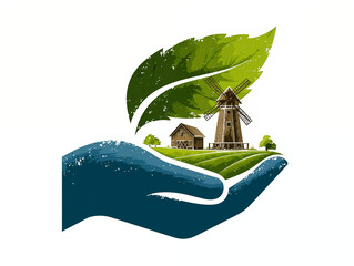 Eco-friendly concept illustration, green hands holding a leaf and a sustainable city with wind turbine, white background, clean energy, renewable resources, simple design, green color scheme, vect