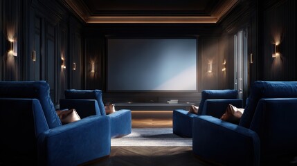 Home Theater Interior. Armchairs face the projector screen. Upscale use