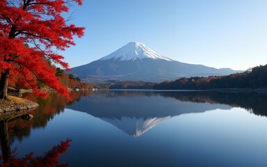 Mount Fuji Reflected in Lake Kawaguchiko with Autumn Maple Leaves. High quality