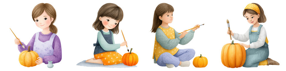 Kids thanksgiving clipart set watercolor, Four girls engage in pumpkin carving and decorating, showcasing creativity and festive spirit.