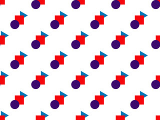 Seamless pattern featuring an arrangement of geometric shapes on a white background. The design includes blue triangles, red squares, and purple circles, organized in a diagonal, repeating layout. The