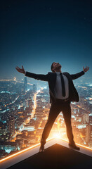 Fototapeta premium Confident businessman standing over glowing cityscape. A man in suit raising arms proudly above illuminated city skyline. 