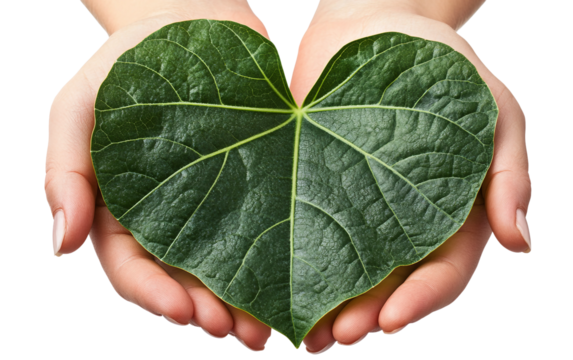 Human hands gently protecting a bright green heart shape as a sign of compassion isolated on transparent background PNG