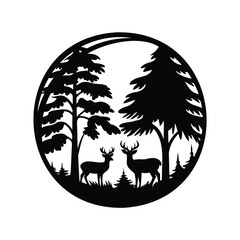 Deer in the Forest Silhouette Scene within a Circular Frame Design