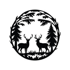 Silhouette Illustration of Two Deer in a Forest Circle Design Element