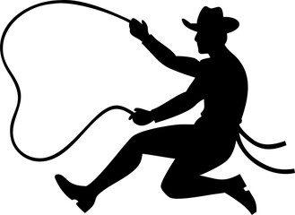 Silhouette of a cowboy with a lasso isolated on white background