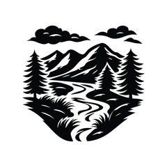 Monochrome Landscape Illustration with Mountains, Trees, Clouds and River Artwork