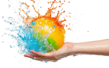 Close up of water balloon bursting in hand with splash of liquid captured in motion isolated on transparent background PNG