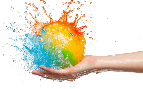 Close up of water balloon bursting in hand with splash of liquid captured in motion isolated on transparent background PNG
