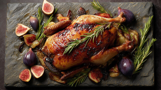 Roasted guinea fowl on stone platter, figs and rosemary