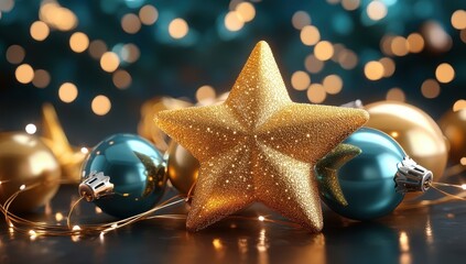 Sparkling gold star and teal baubles create a festive Christmas scene, illuminated by warm bokeh lights