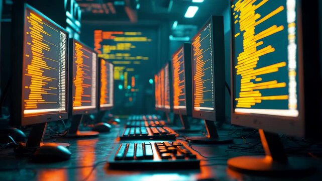 Multiple computer screens displaying lines of code in modern programming workspace with glowing neon lighting effect