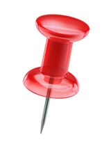 Shiny red push pin, translucent plastic thumbtack, represents key piece of office supply stationery. This isolated tool on transparency background marks important notes