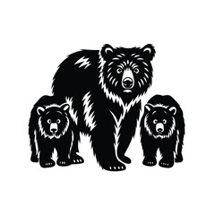 Protective mother bear with two cubs, shown in a graphic design